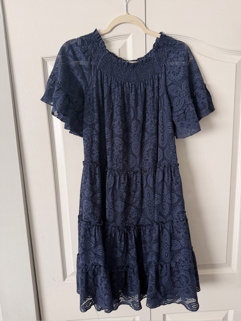 Vintage Tempo Paris Navy Lace Tiered Midi Dress